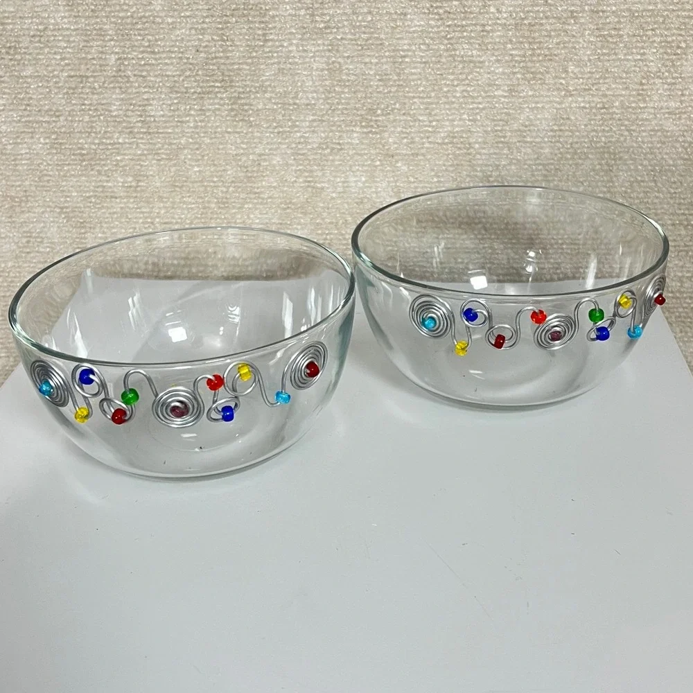 Dary Rees 6 Inch Glass Wire Beaded Cereal Bowls Set of 2